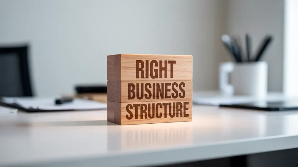 Wooden blocks with text Right Business Structure on office desk symbolizing smart business planning