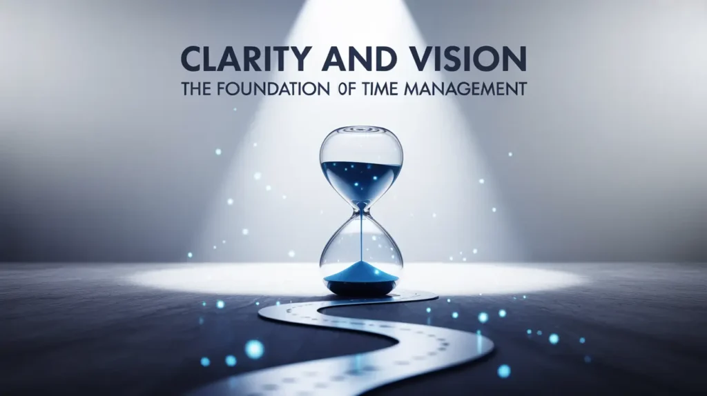 An hourglass under a spotlight with text: Clarity and Vision - The Foundation of Time Management.