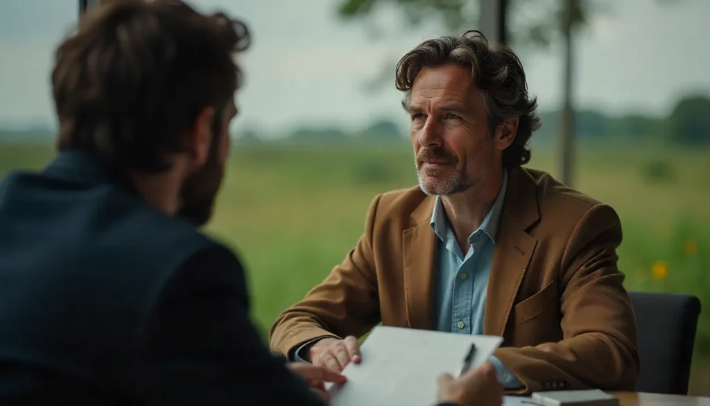 Coach attentively listening to a client during a mentoring session, discussing goals and success timelines.