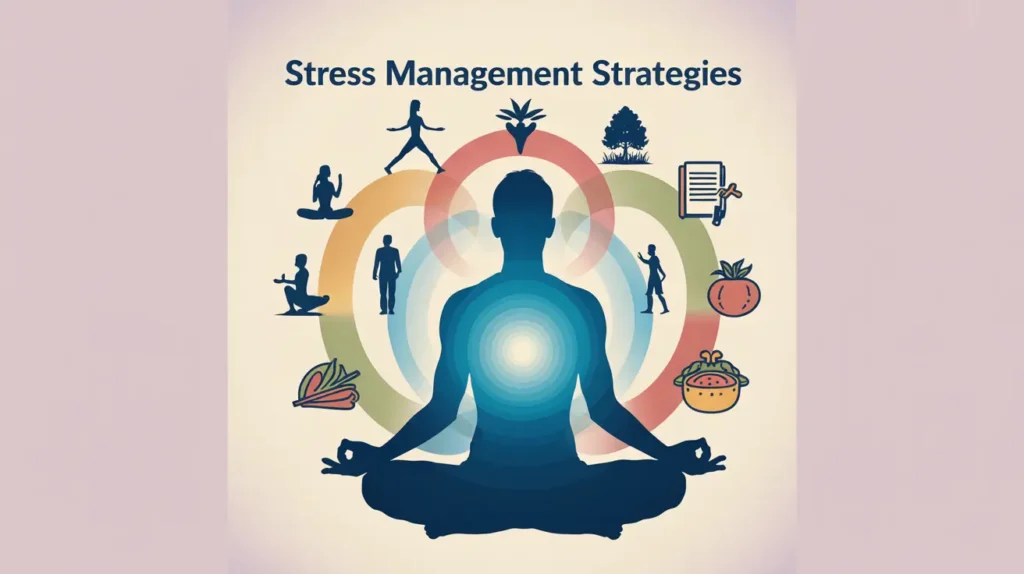 Meditating figure surrounded by icons of various Stress Management Strategies, including exercise and diet.