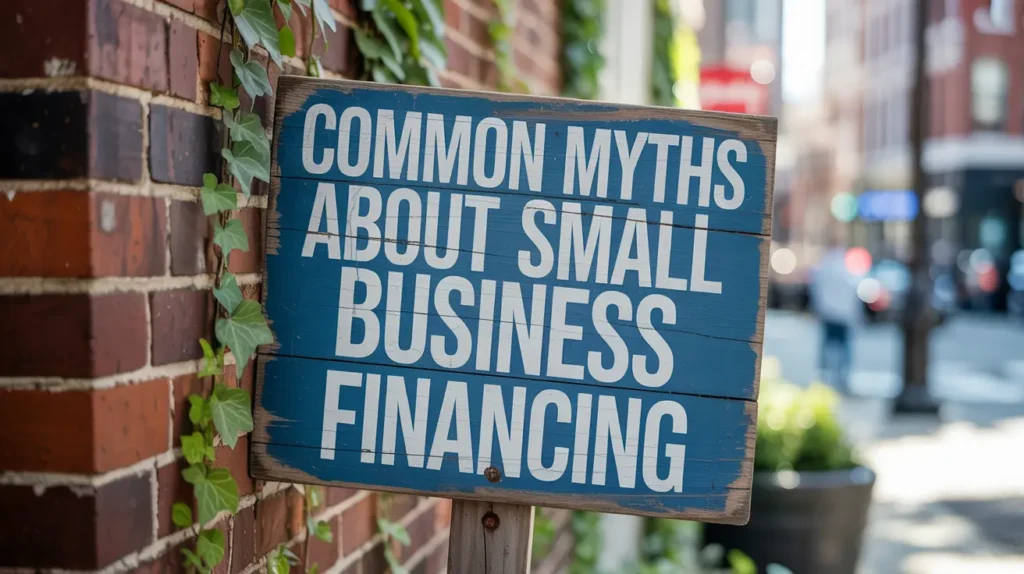 Blue sign on a brick wall reading: Common Myths About Small Business Financing.