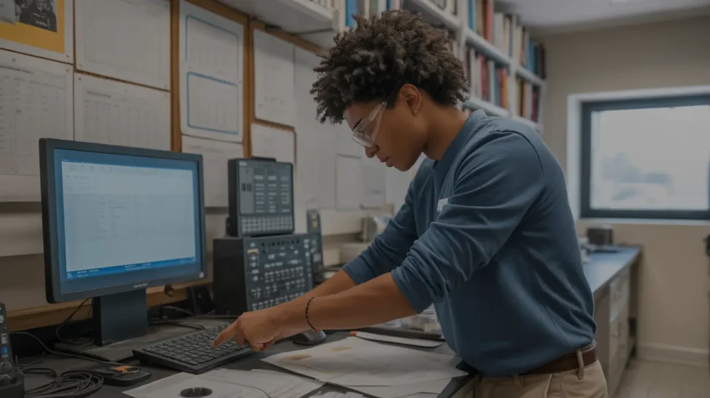 Engineer analyzing data on computer in lab, focusing on technical design and hands-on learning