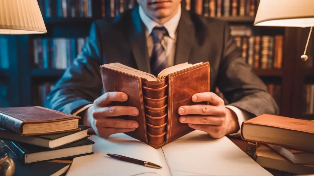 A person in a suit reads a book in a library, symbolizing Discipline and Consistency.