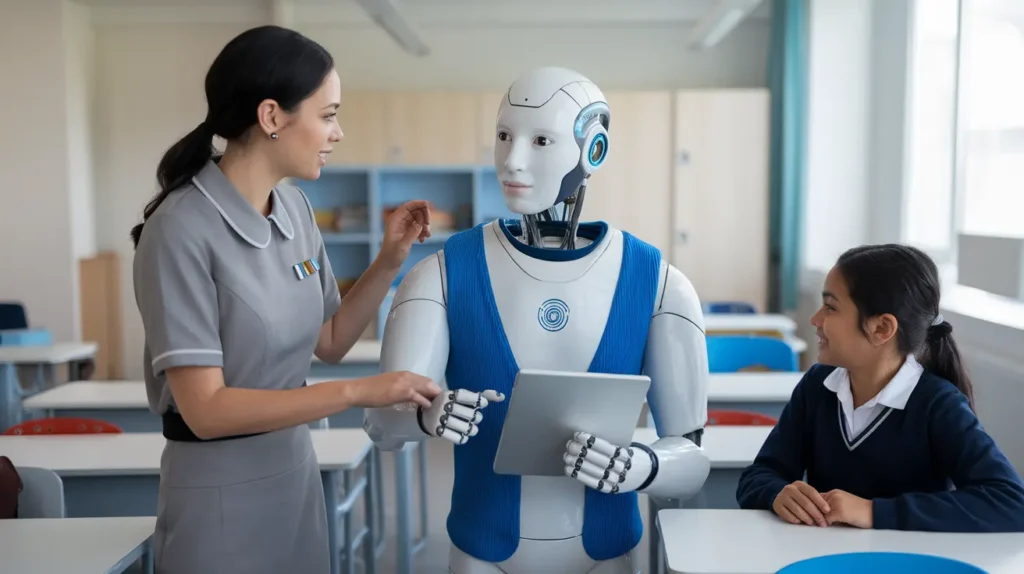 Teacher, student, and robot in a classroom, showcasing Future Work Skills in education.