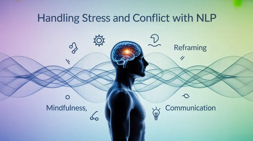 Silhouette of person with illuminated brain, showing key concepts for Handling Stress and Conflict with NLP.