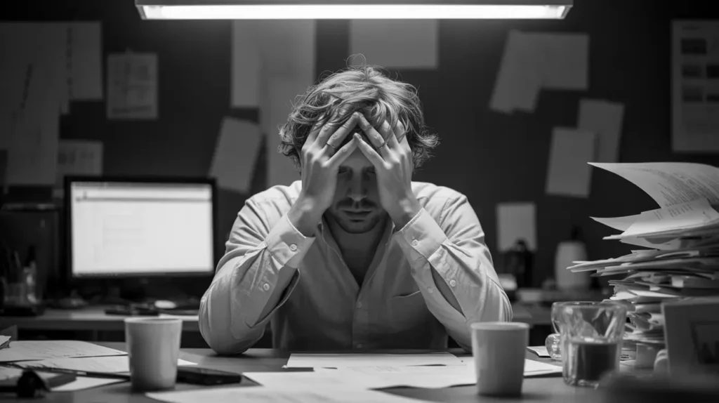 Black and white image of a stressed man at a desk with papers, using stress tools to cope, under a bright light, symbolizing work pressure.