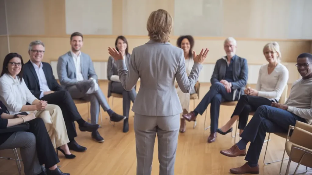 Professional life coach leading a group coaching session focused on personal growth and success