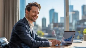 A smiling Business Coach in a suit works on a laptop showing a growth chart, with a city view.