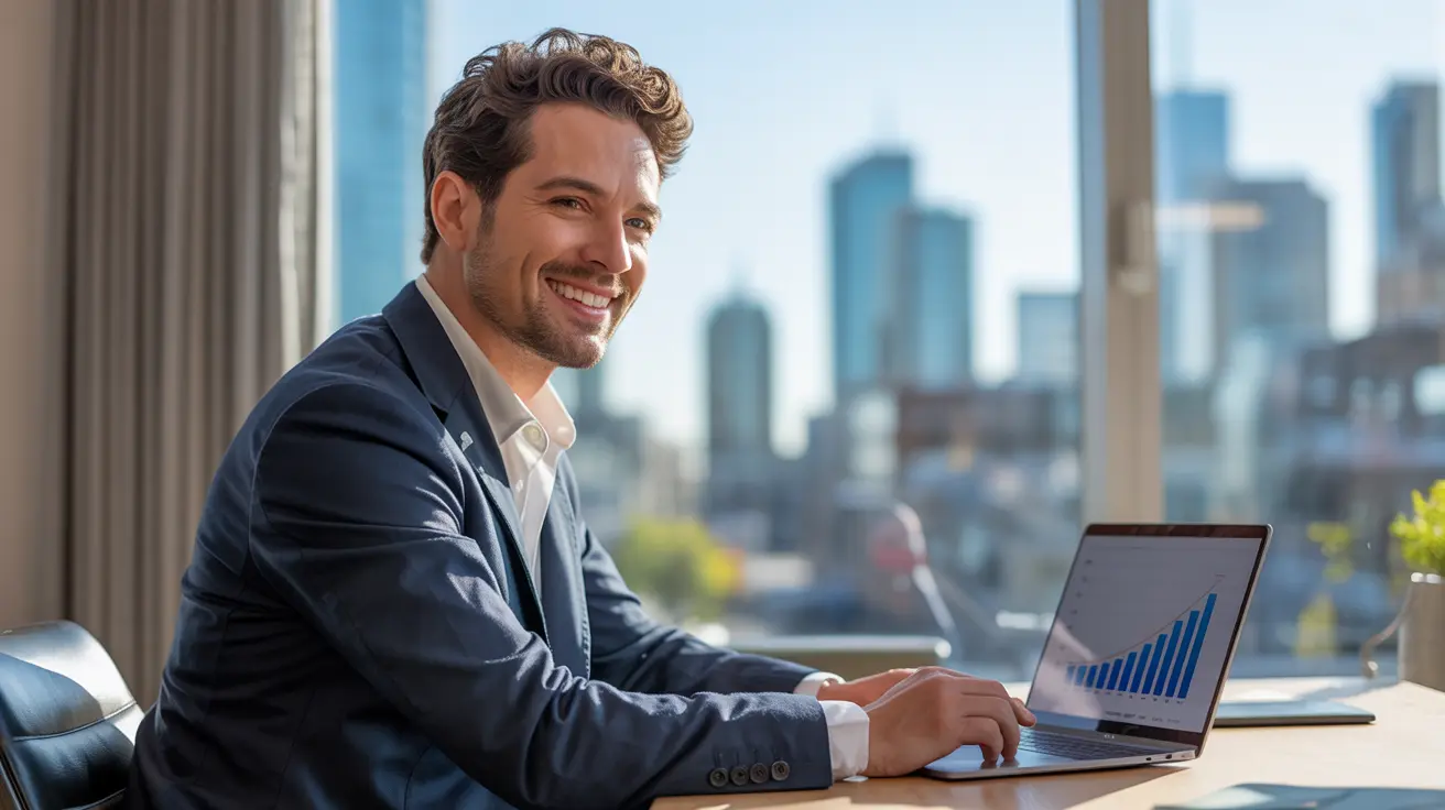 A smiling Business Coach in a suit works on a laptop showing a growth chart, with a city view.