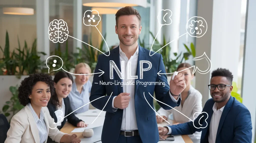A male leader standing in a meeting with his team, surrounded by NLP icons, illustrating How to Integrate NLP Daily for leaders.