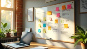 An office whiteboard with sticky notes and a laptop on a sunny desk. Market a Life Coaching Business.