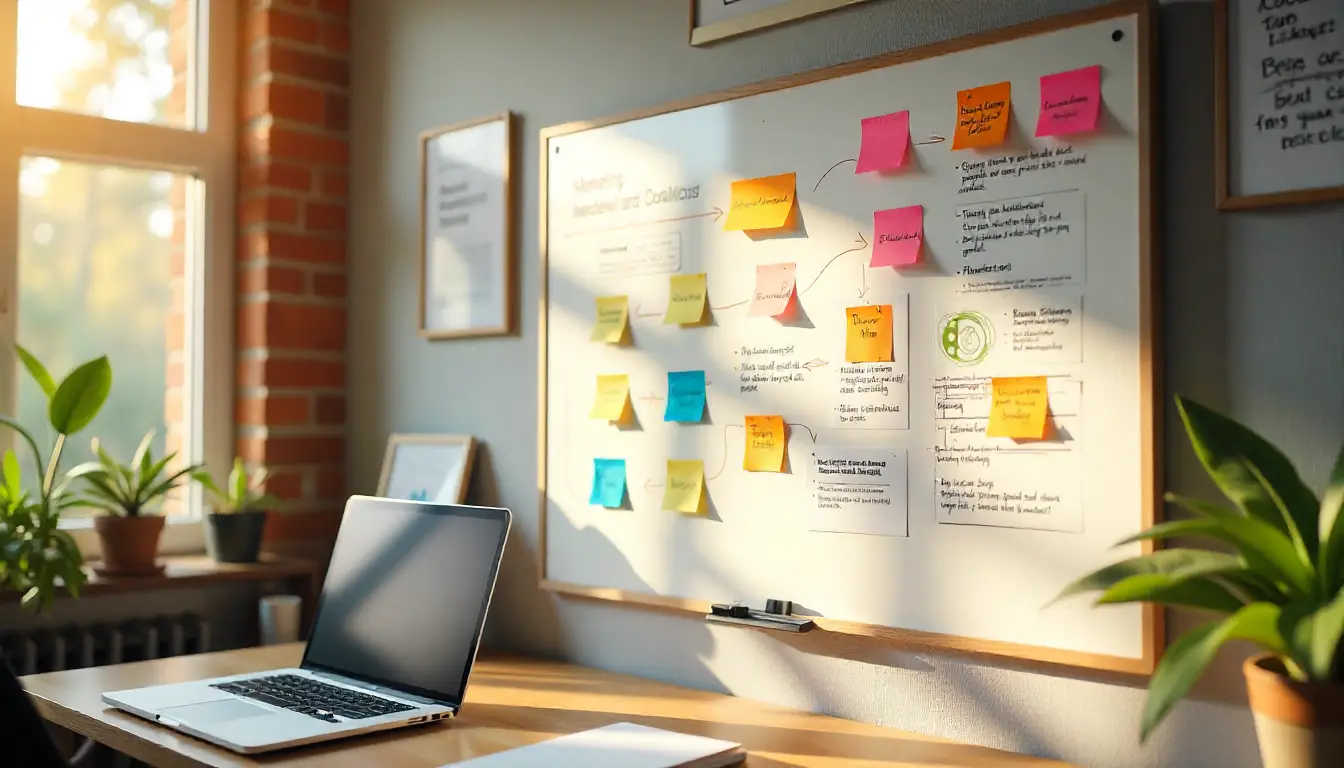 An office whiteboard with sticky notes and a laptop on a sunny desk. Market a Life Coaching Business.