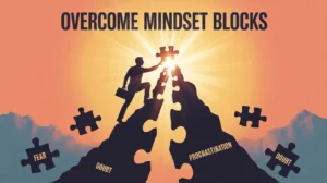 Mindset Blocks: Silhouette of an entrepreneur solving a puzzle, overcoming mindset blocks like fear, doubt, and procrastination.