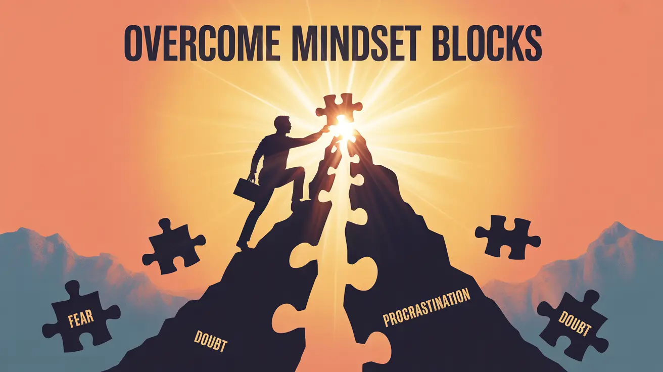 Mindset Blocks: Silhouette of an entrepreneur solving a puzzle, overcoming mindset blocks like fear, doubt, and procrastination.