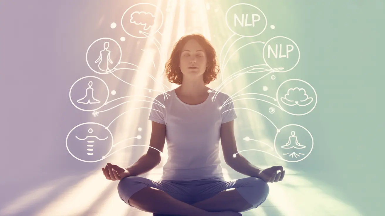 Woman meditating in lotus pose with glowing NLP icons around, symbolizing peace and neuro-linguistic programming benefits in a serene setting.