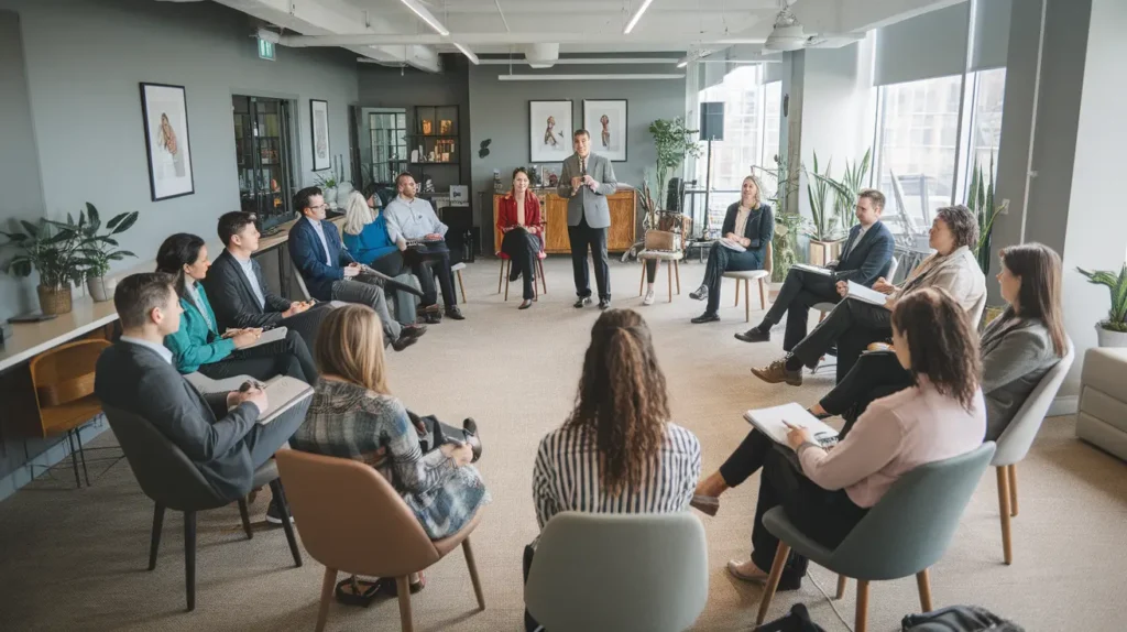 A male presenter addresses a diverse group seated in a circle in a modern Toronto office, illustrating How to Scale a Coaching Business.