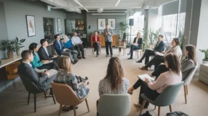 A male presenter addresses a diverse group seated in a circle in a modern Toronto office, illustrating How to Scale a Coaching Business.