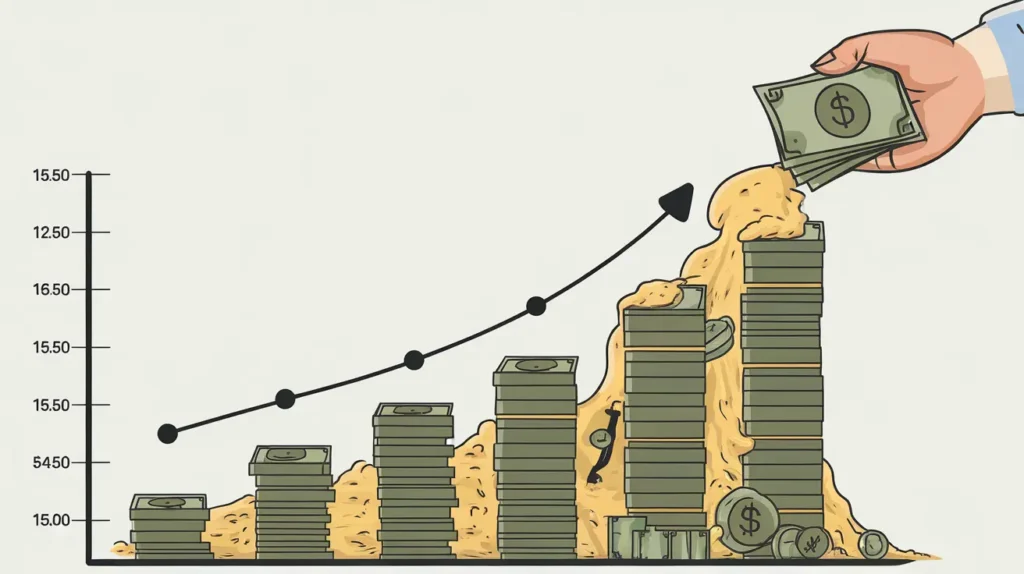 Graph showing a steep upward trend line over time, correlating with growing stacks of cash being added by a hand.
