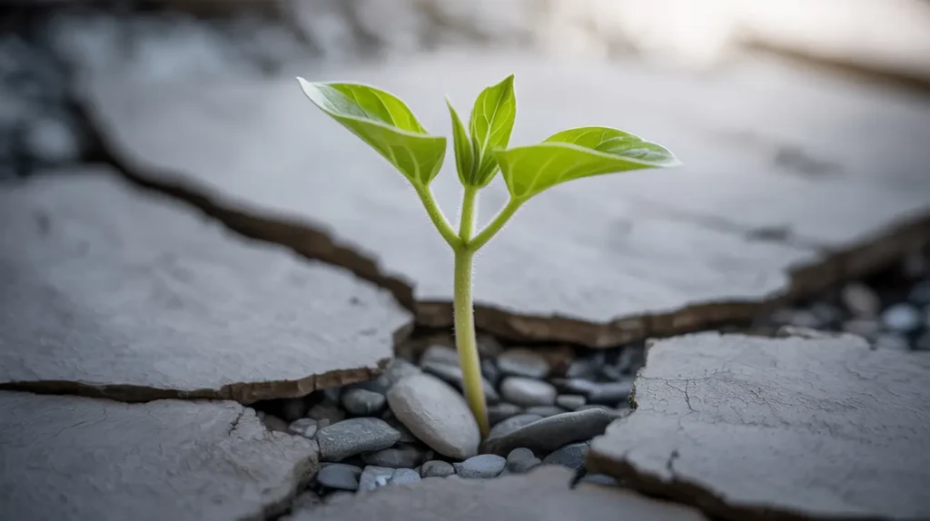 A resilient green sprout breaks through cracked earth, symbolizing innovation and long-term growth.