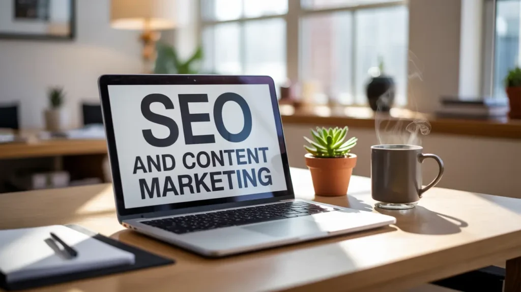 Laptop screen displaying "SEO AND CONTENT MARKETING" text on a desk with a coffee mug.