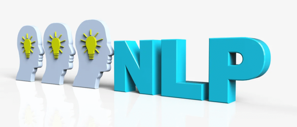 3D illustration showing human heads with light bulbs and bold NLP text, symbolizing ideas and NLP Certification concepts.