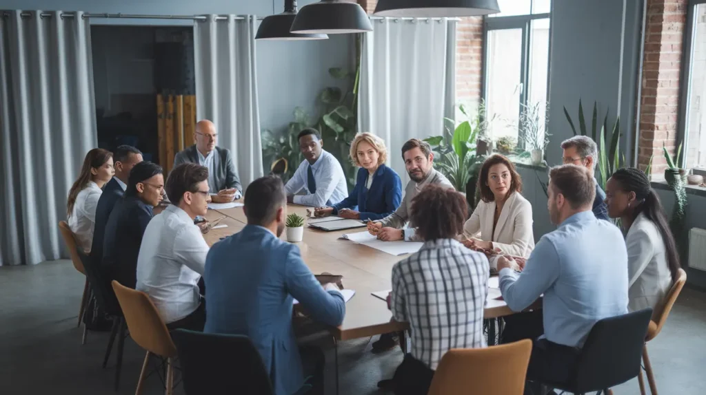 A diverse team of professionals sits around a large conference table in a meeting