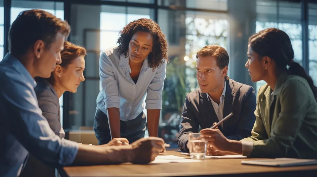 A group of diverse professionals in business attire socializing outdoors at dusk with a city skyline in the background, holding drinks.