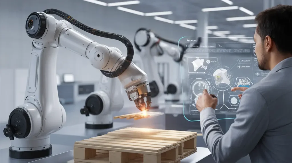 Engineer with robotic arms and digital interface, highlighting Future Work Skills in manufacturing.