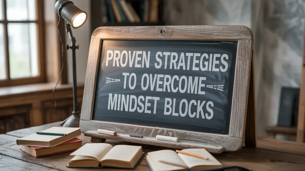 Chalkboard sign with the title: Proven Strategies to Overcome Mindset Blocks, surrounded by books and a desk lamp.

