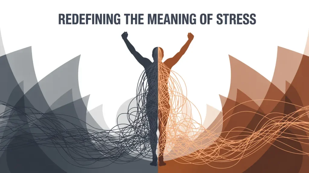 Abstract image of a figure with raised arms, split between dark tangled lines and warm flowing lines, titled "Redefining the Meaning of Stress."