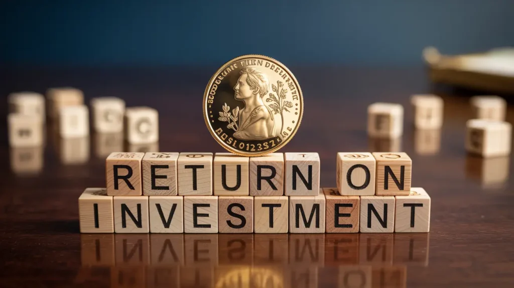 ROI concept: Blocks spelling RETURN ON INVESTMENT with a gold coin.