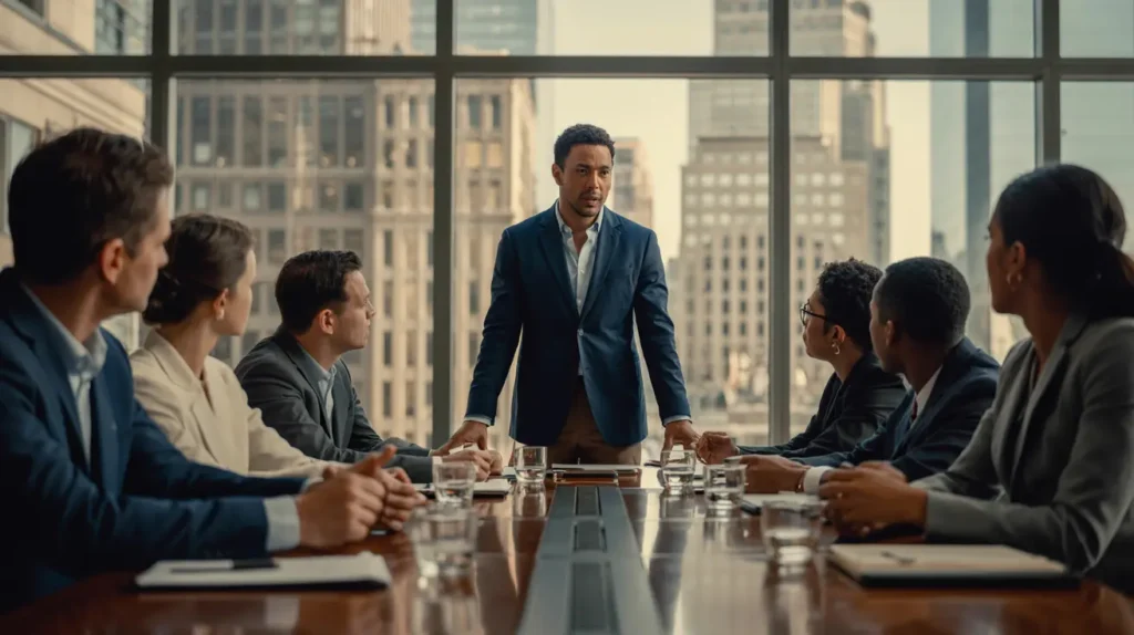 A business leader stands confidently at the head of a long table, addressing a diverse team in a high-rise office