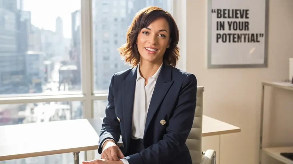 A professional, smiling female Business Coach in a navy suit sitting in a modern office
