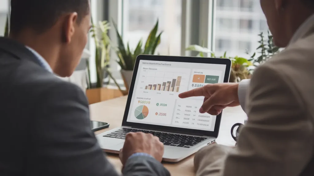 Two business people review a data-filled laptop screen, aiming for streamlined operations to cut costs.