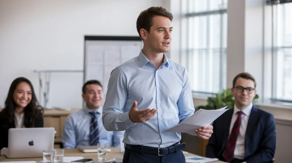 A confident male leader presenting to a team in a boardroom, demonstrating stronger leadership.