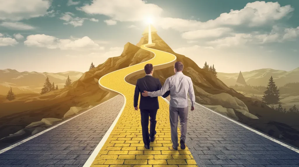 Two businessmen walking together on a yellow, winding path up a mountain toward a success arrow.