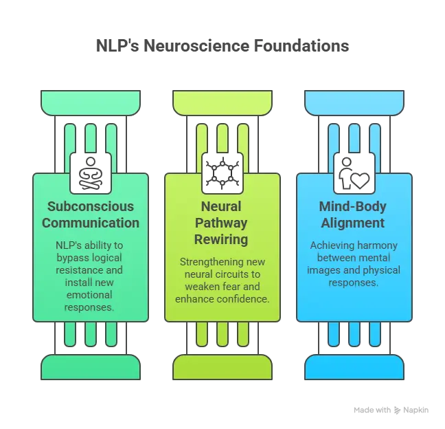Diagram of NLP benefits: Subconscious Communication, Neural Pathway Rewiring, and Mind-Body Alignment for emotional and physical harmony.