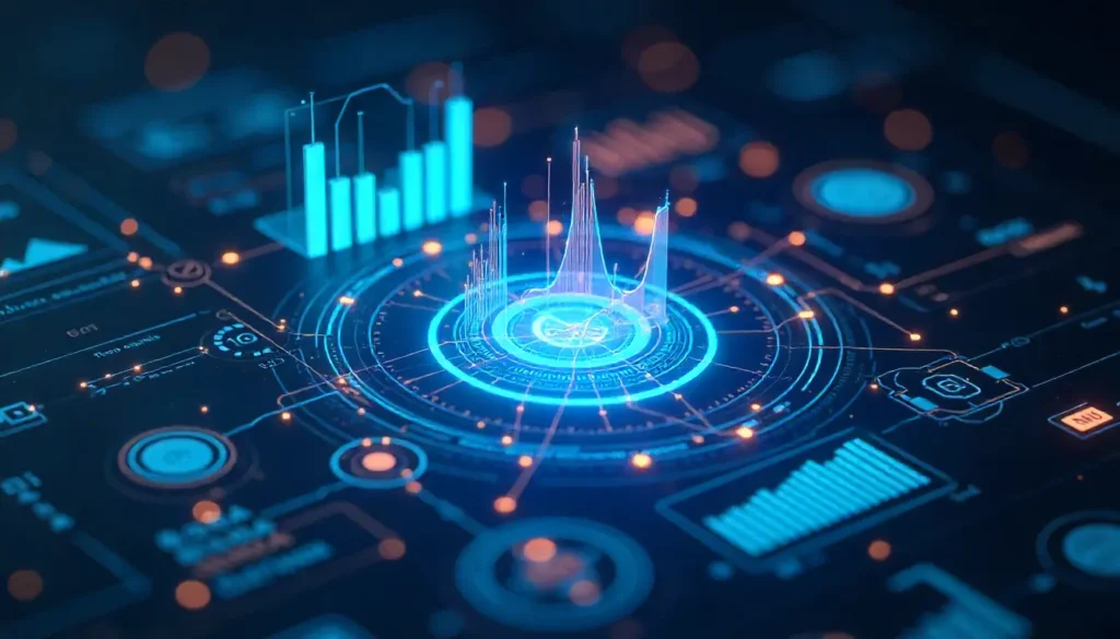 Futuristic digital interface displaying data analytics and AI visualization representing smart Negotiation strategies.