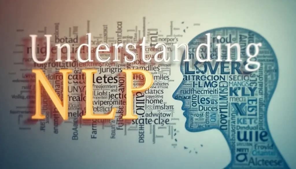Creative word cloud with a human head silhouette illustrating the concept of understanding NLP and language patterns.