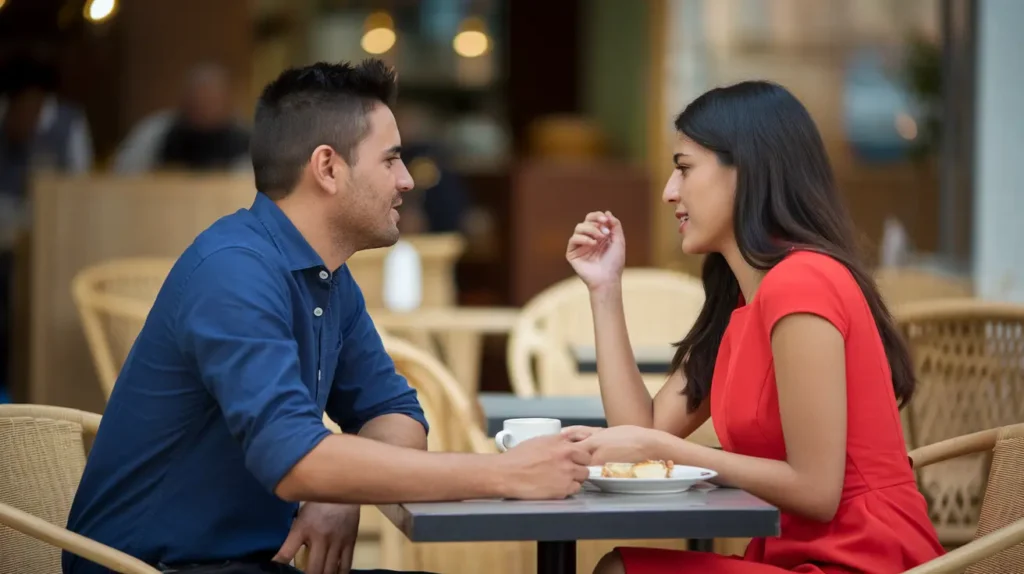 Couple enjoying a meaningful conversation at a café, illustrating connection and communication.