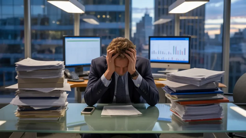 A man in a suit looks overwhelmed at a desk piled with paperwork, illustrating Stress in Business.