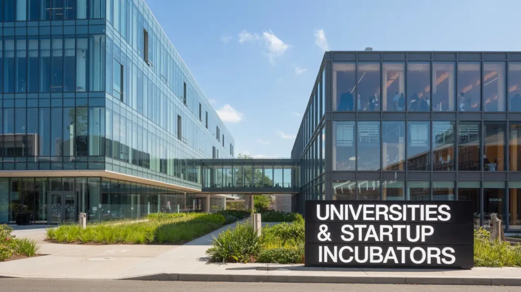 Modern university campus buildings connected by a walkway, with a sign reading "Universities & Startup Incubators