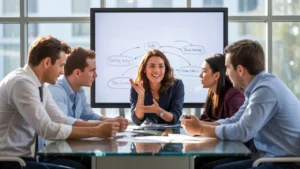 A professional woman leads a meeting with four colleagues, discussing Team Building and NLP techniques.
