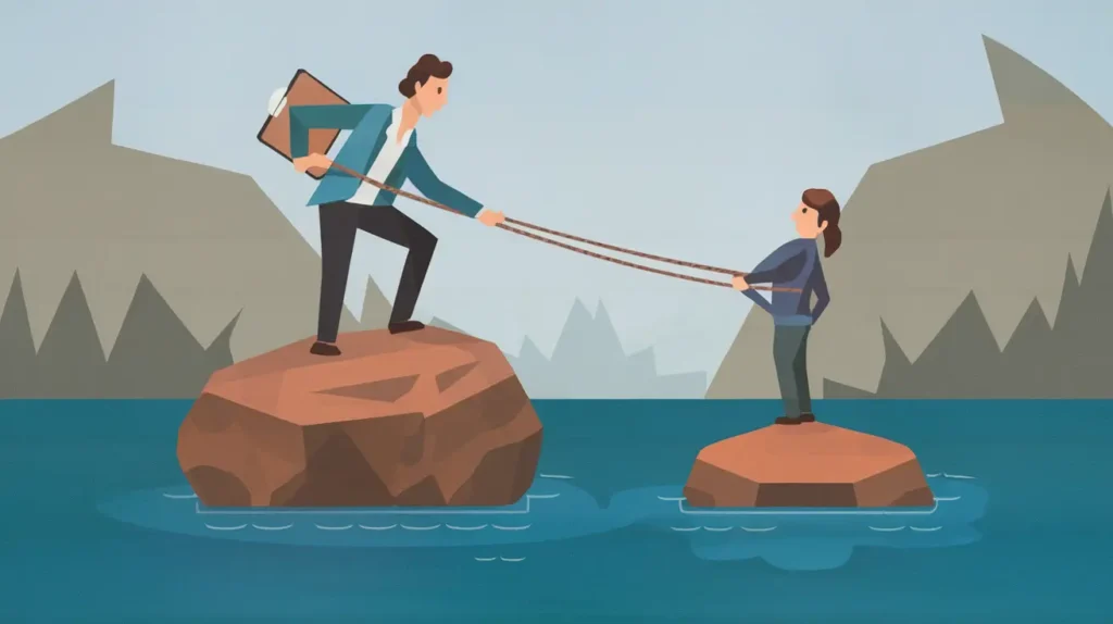 An illustration of two people on separate rocks across water, connected by ropes, symbolizing Long-Term support and guidance from an NLP coach.
