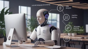 AI working at a computer with a diagram showing Future Work Skills like data analysis, machine learning, and NLP.