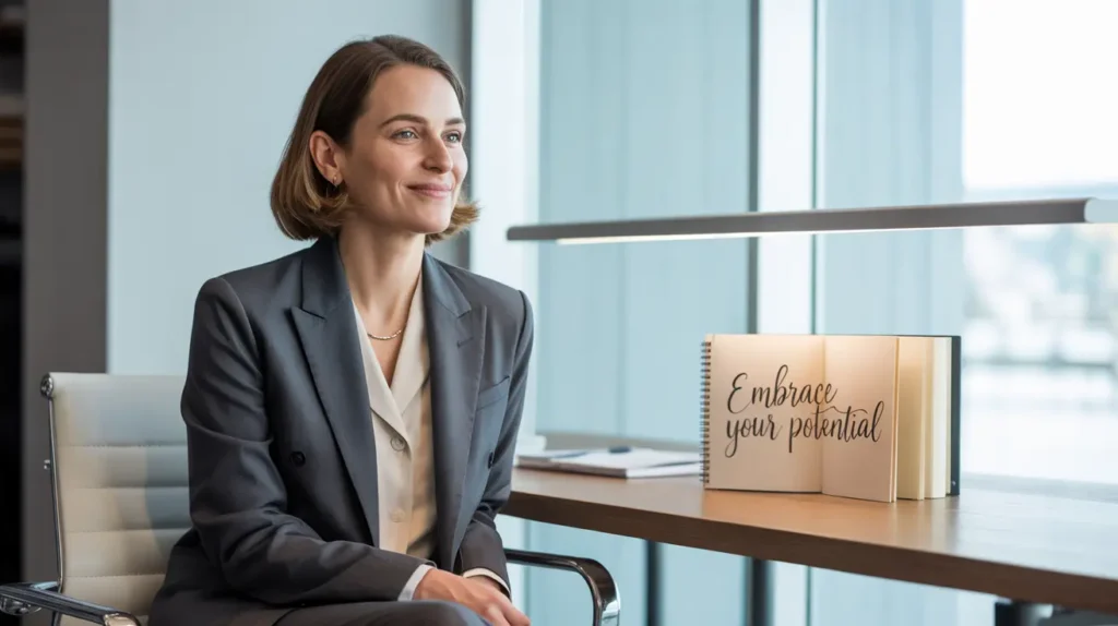 A successful, smiling female life coach in a professional suit sitting in an office.