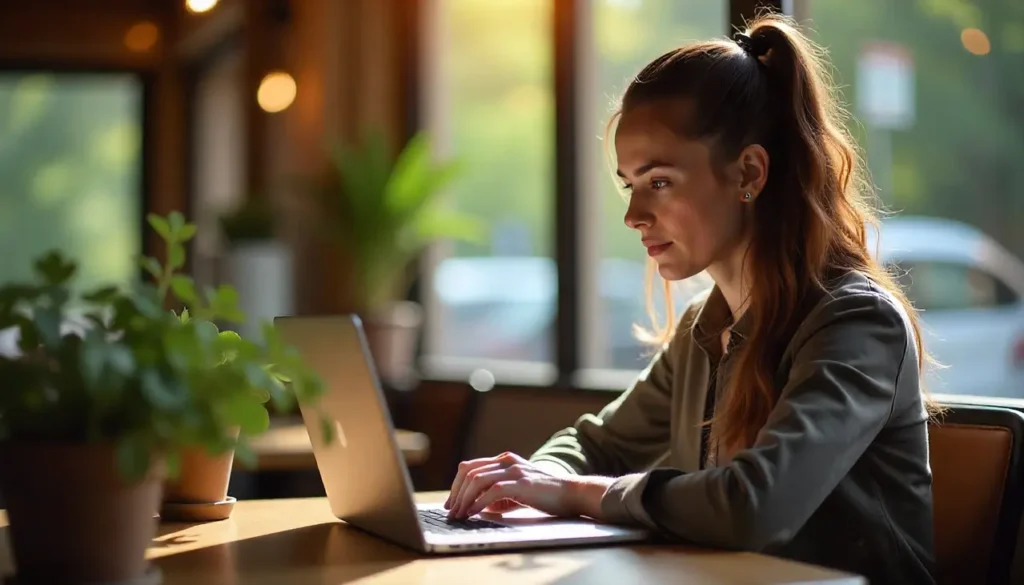A focused woman working on a laptop