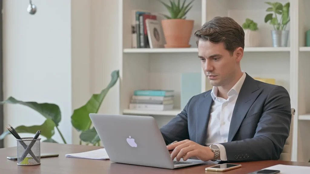 A man in a suit working on a laptop in a modern office