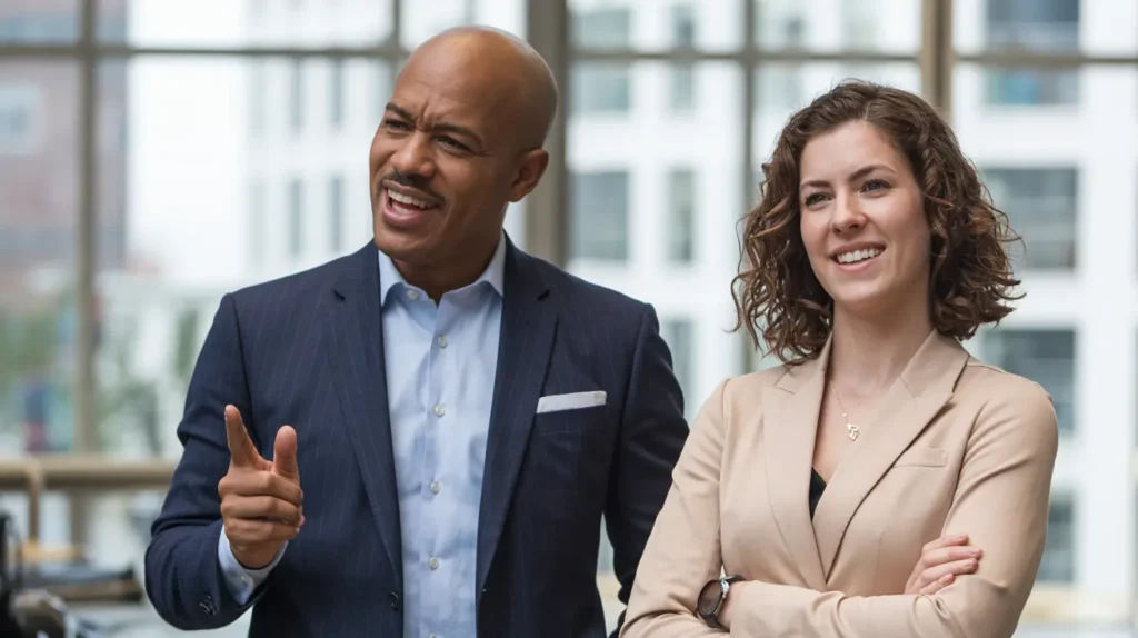 A diverse pair of business professionals, a man speaking and a woman listening