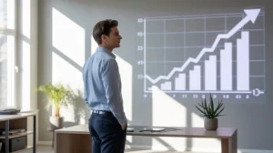 A business owner watches a projected chart showing profitability increasing rapidly, with a sharp upward arrow.